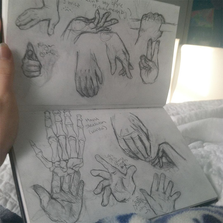 Hand bones and skin in sketchbook