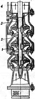 Схема многоступенчатого-вертикального центробежного насоса: 1 - рабочее колесо ступени; 2 - секция корпуса; 3 - вал; 4 - напорный трубопровод