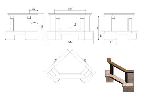 Угловой камин из гипсокартона - чертеж