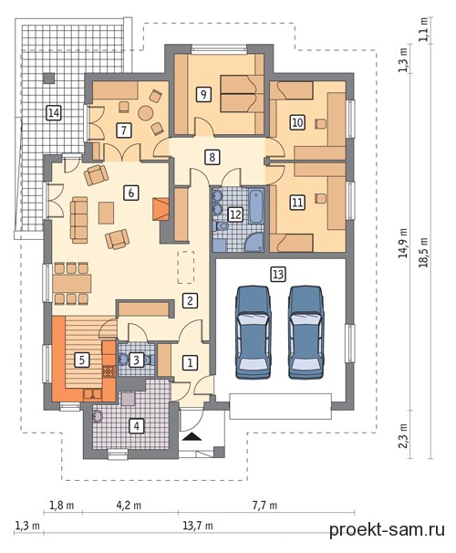 планировка одноэтажного дома с камином и гаражом