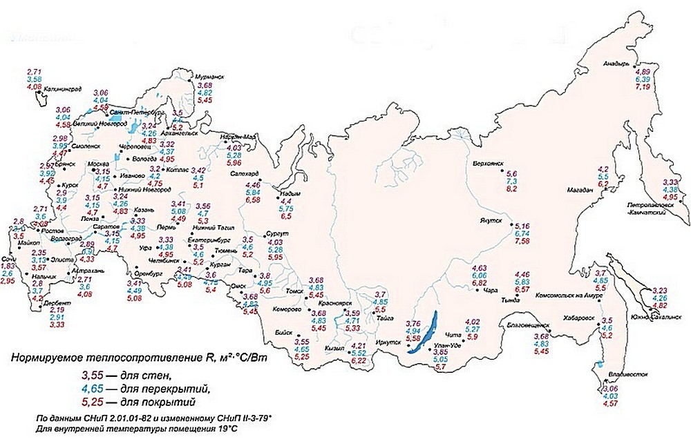 Карта-схема показателей нормированного сопротивления теплопередаче для строительных конструкций (по регионам России).